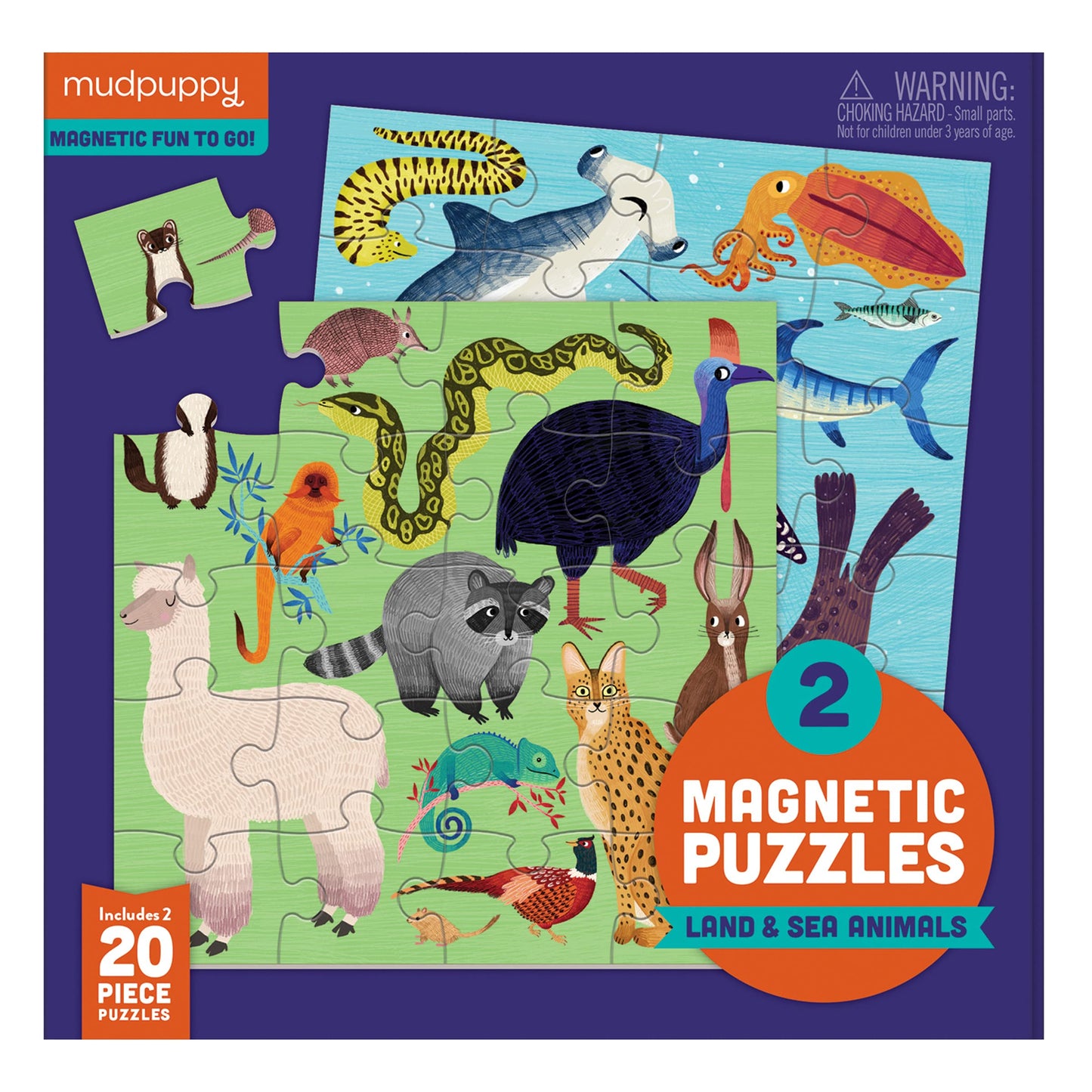 Mudpuppy Land & Sea Animals - Tri Fold Magnetic Puzzles Featuring Two 20 Piece Animal Themed Artwork