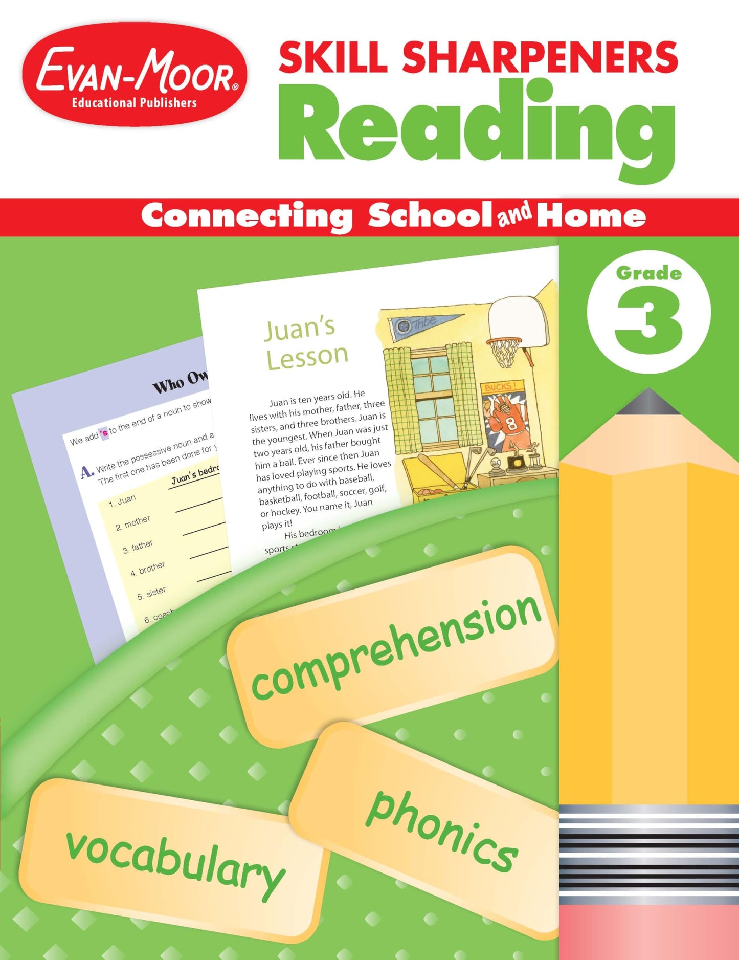 Evan-Moor Skill Sharpeners Reading Workbook, Grade 3, Vocabulary, Comprehension, Phonics, Word Family, Rhyming, Synonyms, Antonyms, Contractions, Fluency, Writing Skills, Grammar, Homeschool