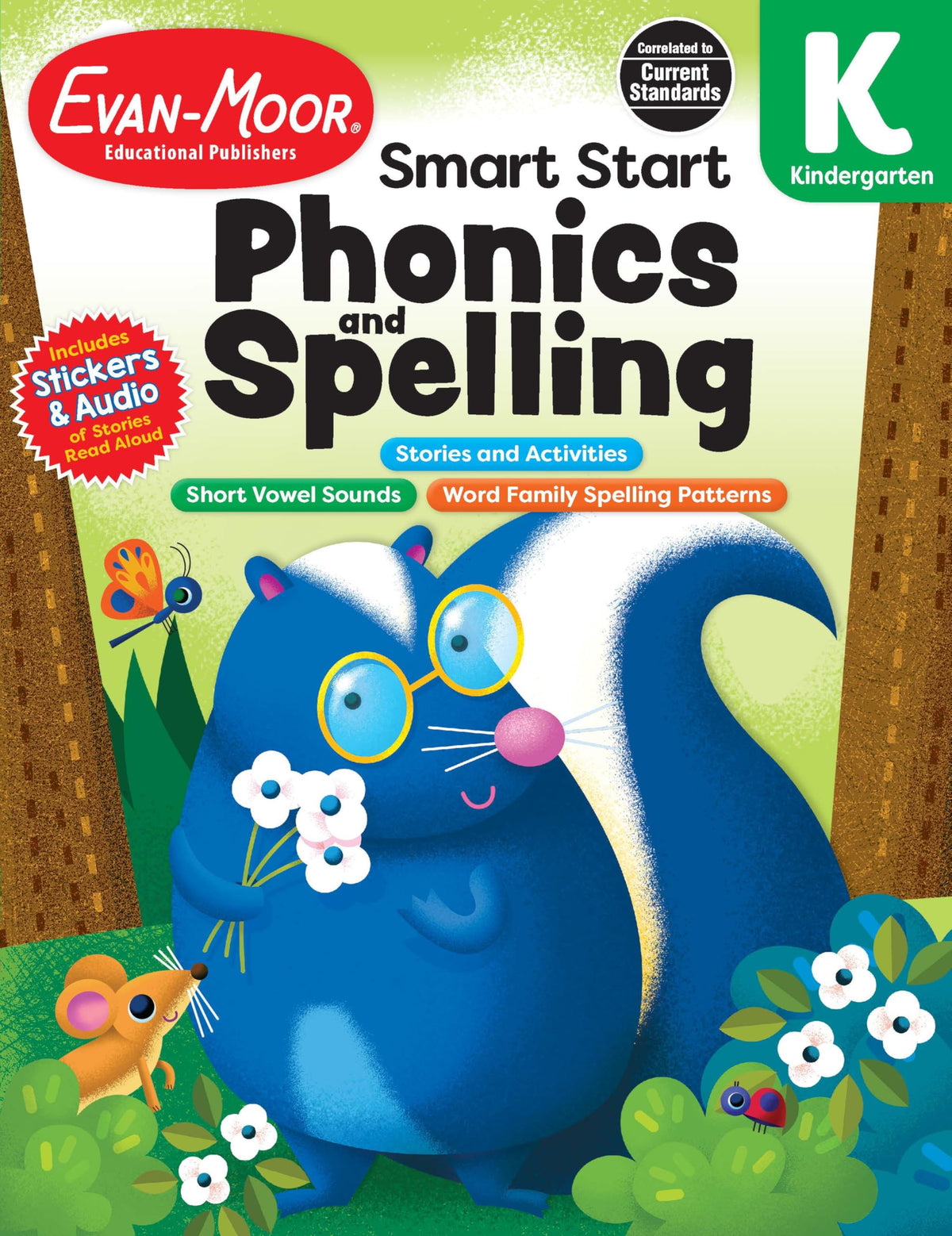 Evan-Moor’s Smart Start Phonics and Spelling Workbook for Kindergarten, Beginning Reading, Spelling patterns, Learn to Read, Homeschool, Word families, Stickers, Print Copy, Audio stories