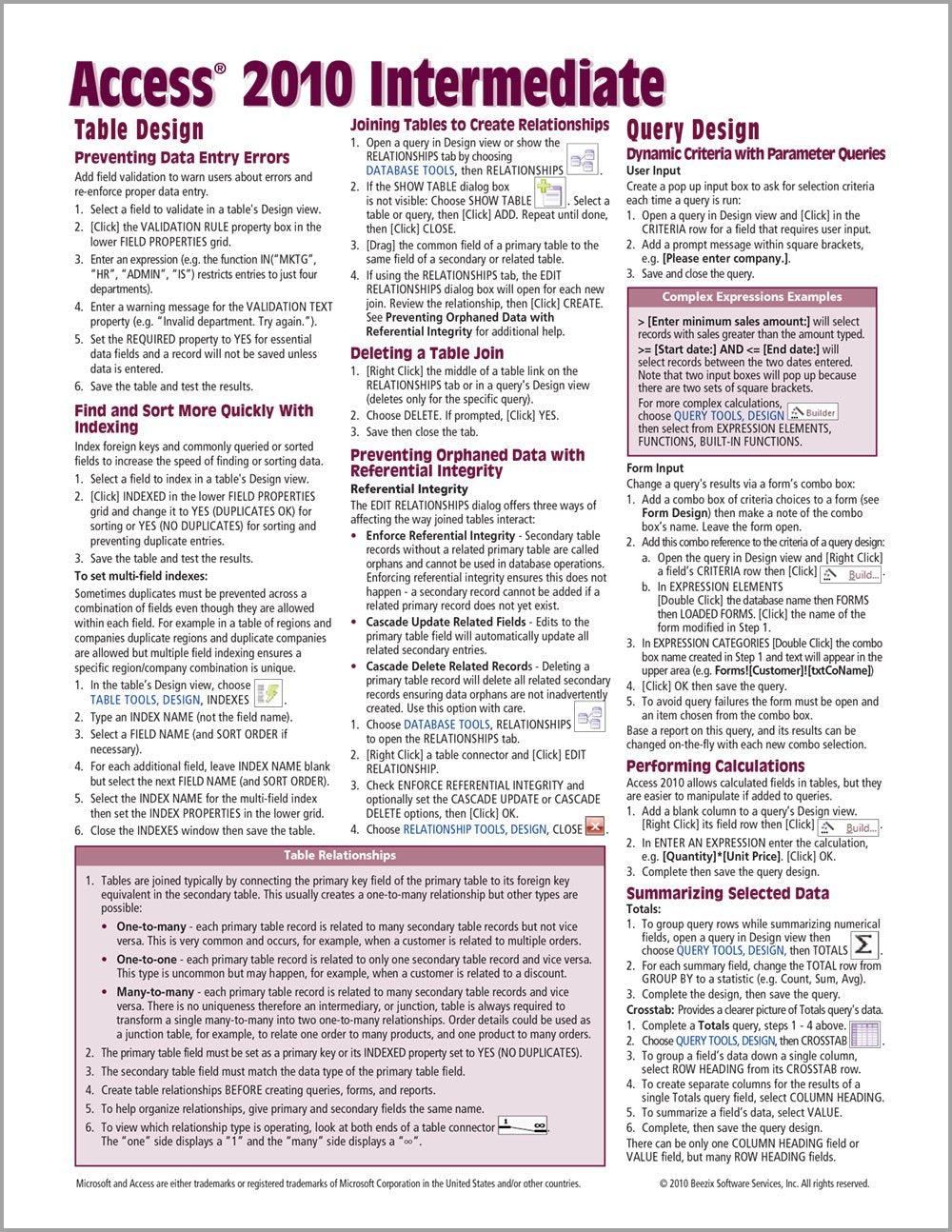 Microsoft Access 2010 Intermediate Quick Reference Guide (Cheat Sheet of Instructions, Tips & Shortcuts - Laminated Card) - 8067