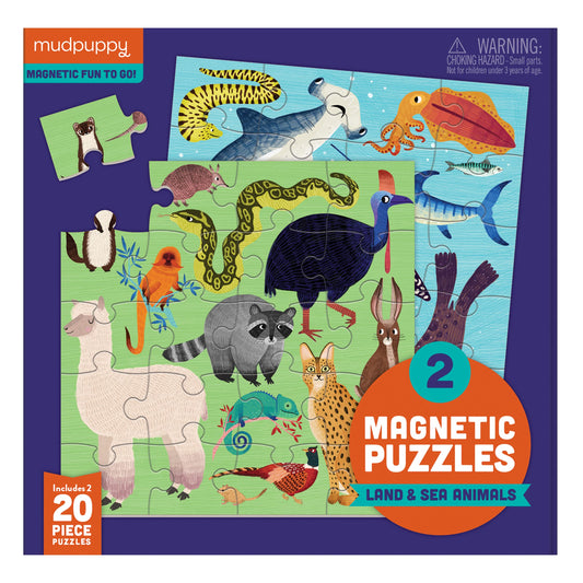 Mudpuppy Land & Sea Animals - Tri Fold Magnetic Puzzles Featuring Two 20 Piece Animal Themed Artwork - 5054