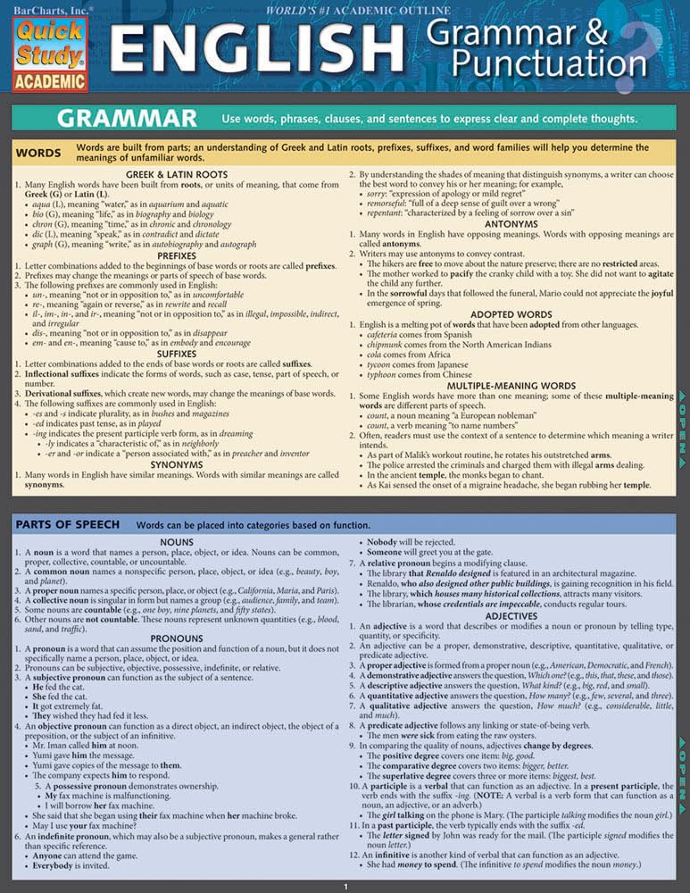 English Grammar & Punctuation: a QuickStudy Laminated Reference Guide (QuickStudy Academic)