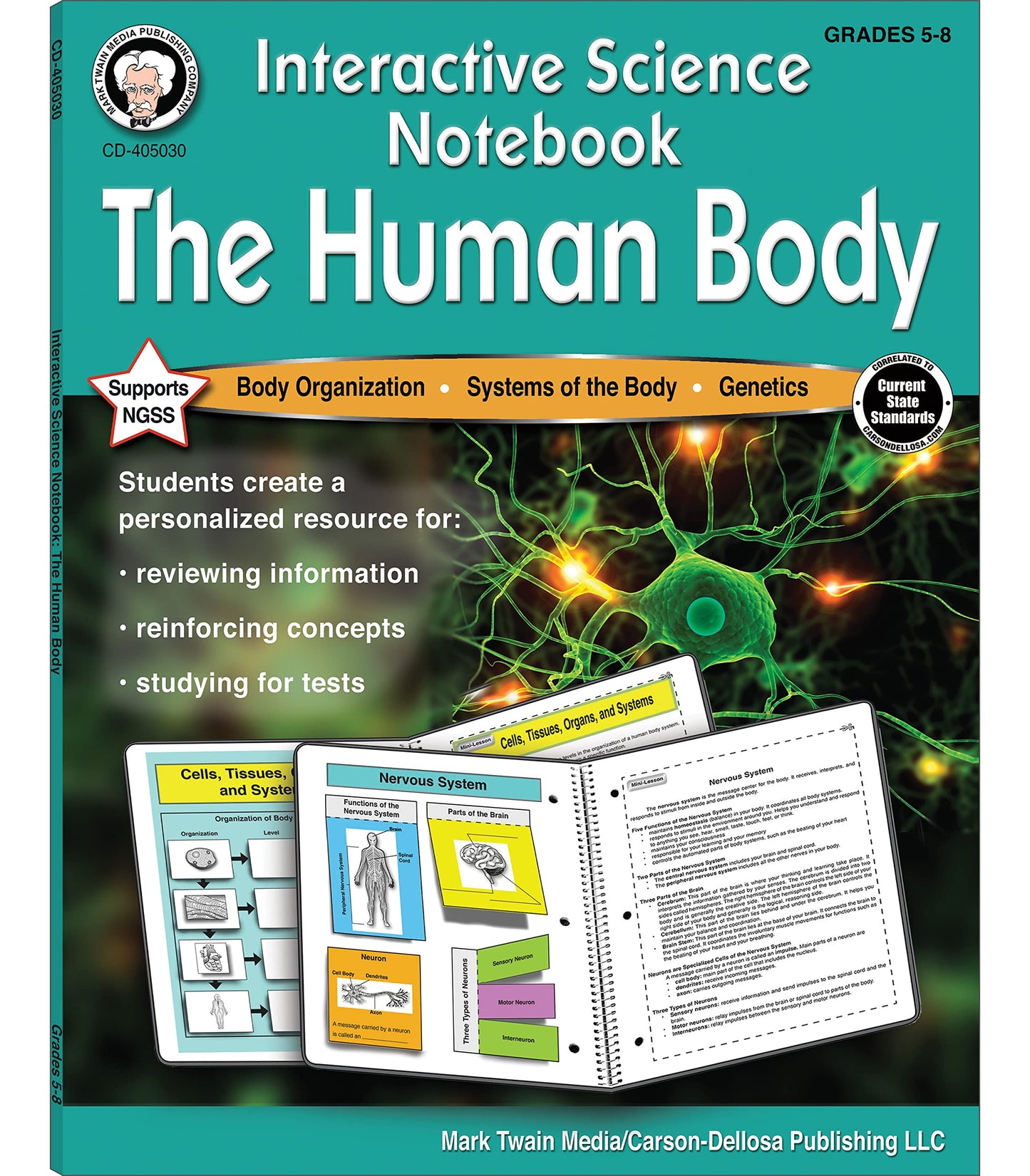 Mark Twain The Human Body Science Book, Personalized Study Guide Covering Anatomy, Genetics, and More Biology, Interactive Notebook for Grades 5 and Up