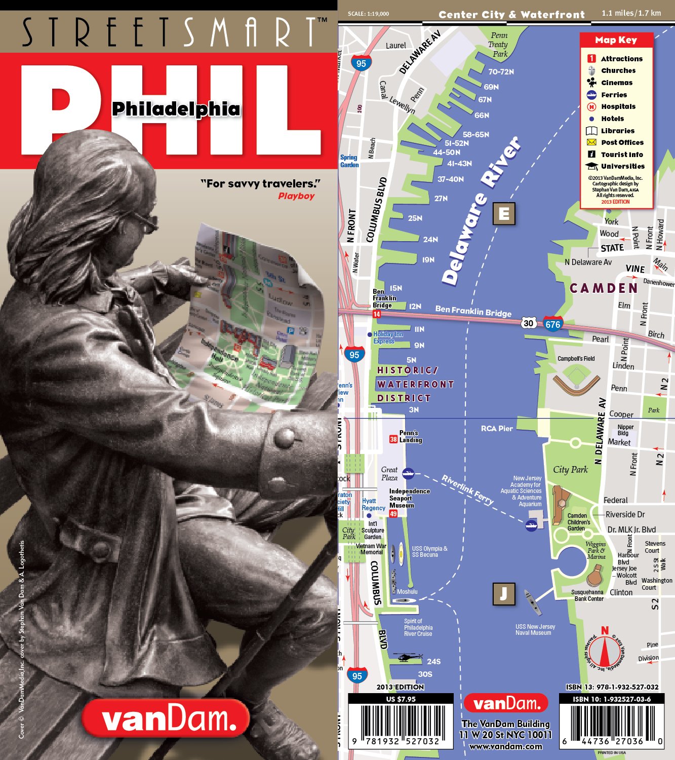StreetSmart Philadelphia Map by VanDam — Laminated pocket size City Center Street & Freeway Map to Philadelphia, PA complete with all attractions, sights, museums, hotels and shopping