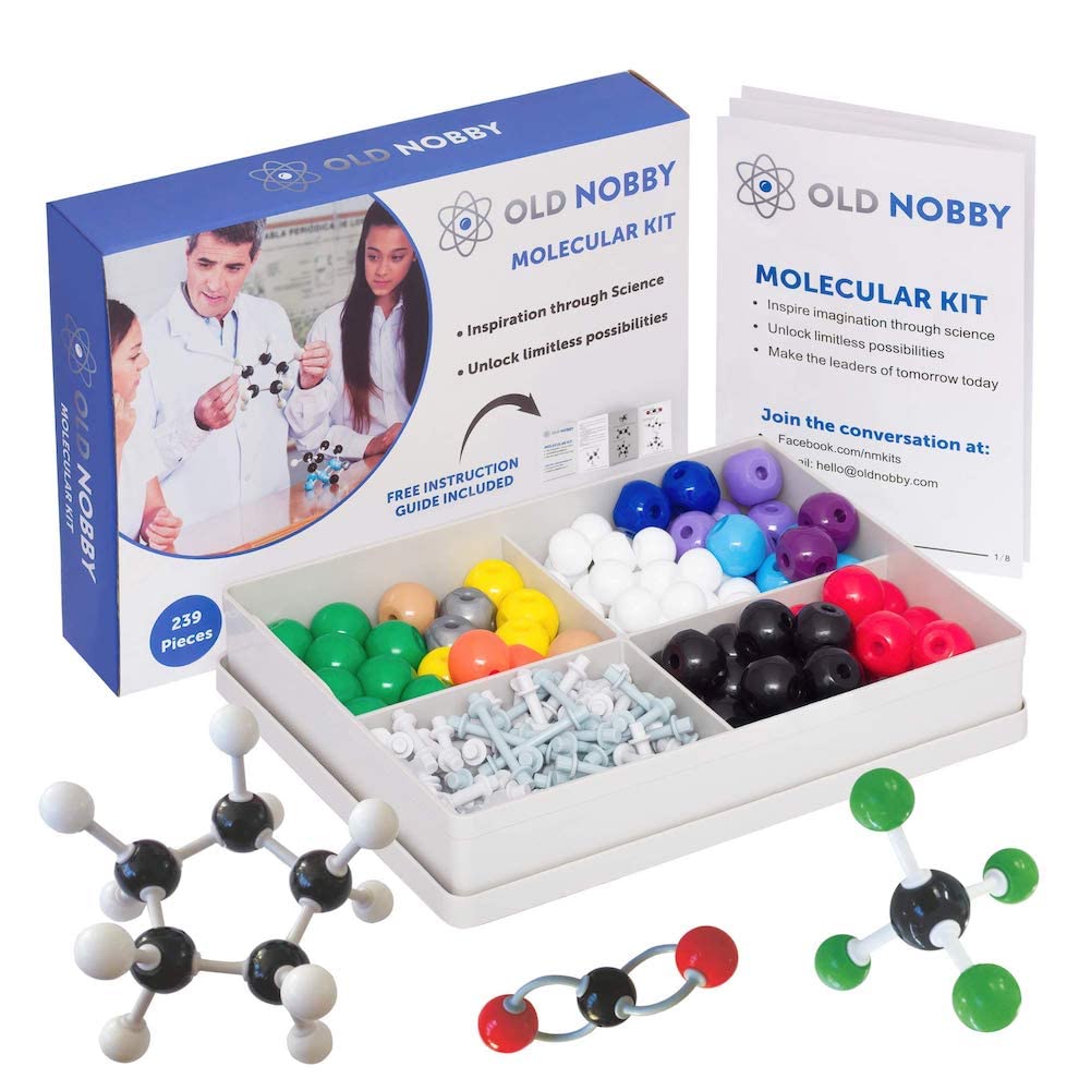 OLD NOBBY Organic Chemistry 239 Piece Model Kit - Molecular Model Kit with Atoms, Bonds, Instructional Guide, Bond Removal Tool, and Bonus Molecular Stencil