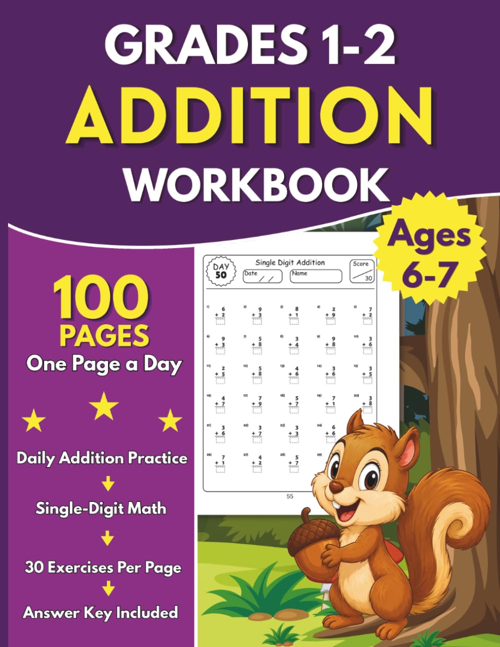 Addition Workbook: Grade 1–2 Math Practice: 100 Pages of Single-Digit Addition , 30 Exercises per Page , Solutions & Certificate Included